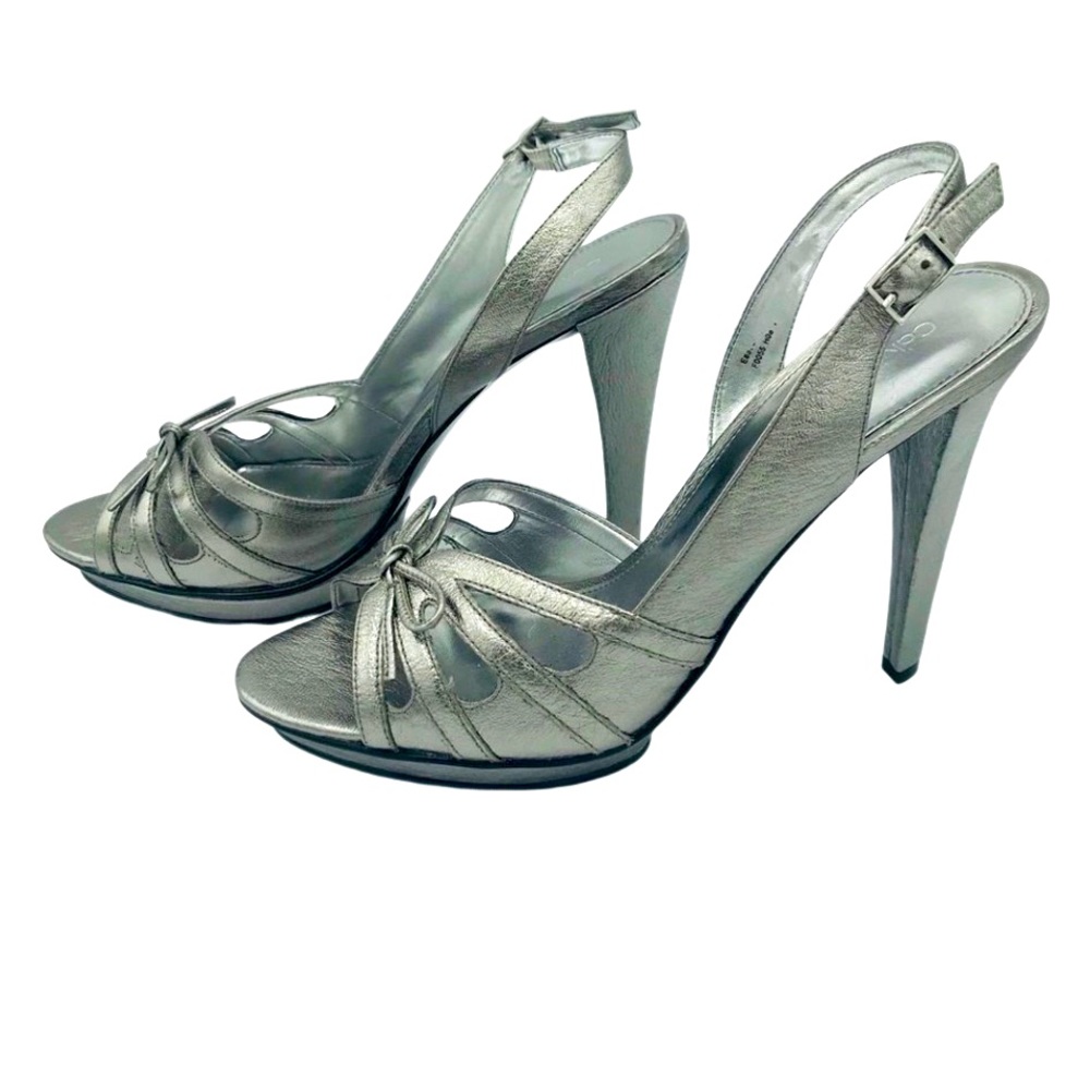 NEW CALVIN KLEIN SILVER LEATHER SLINGBACKS